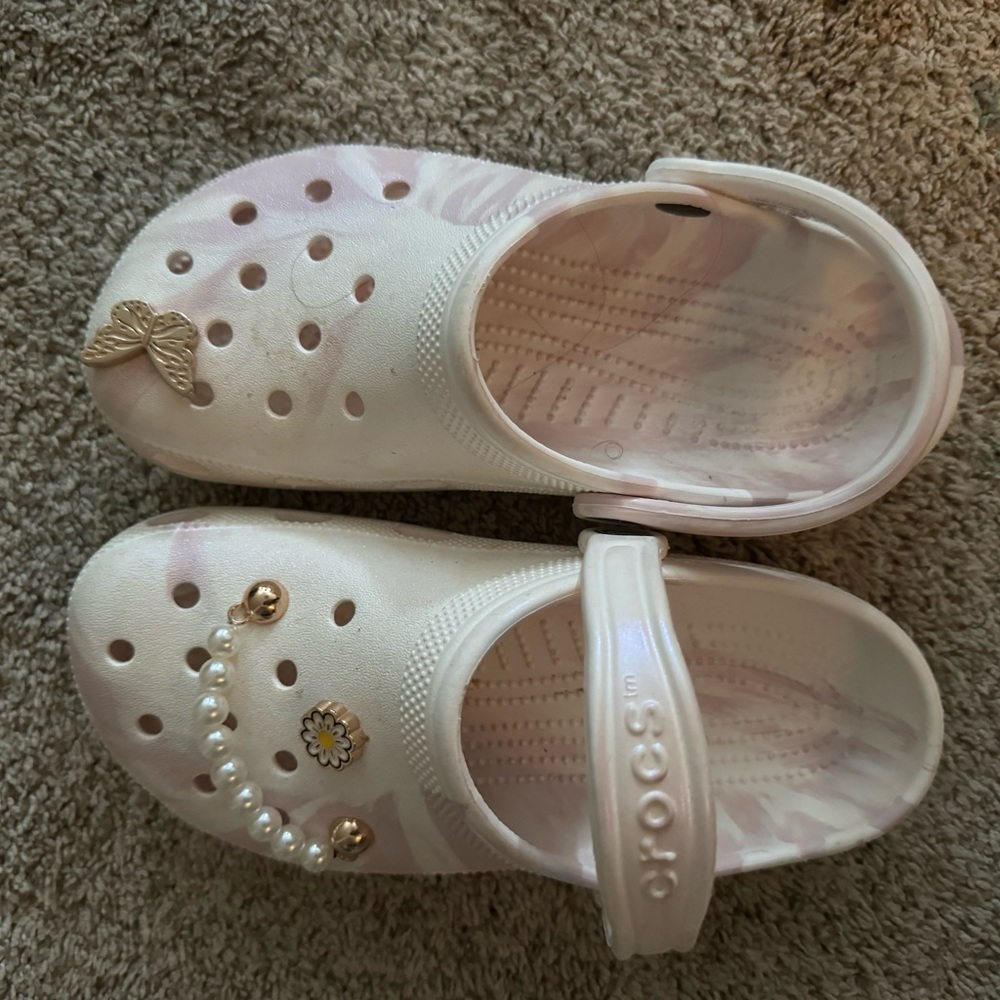 Pink and white iridescent crocs! Like new !